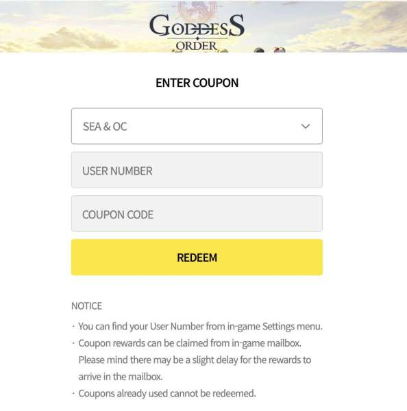 Tampilan website penukaran kode redeem Goddess Order