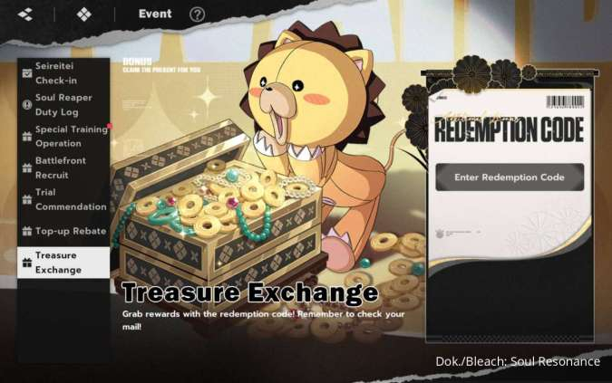 Menu klaim kode redeem Bleach Soul Resonance